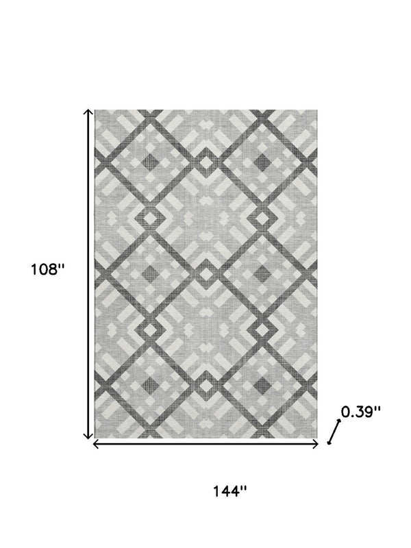 HomeRoots 9' X 12' Gray And Ivory Geometric Area Rug - Washable, UV-Protected, Durable for High-Traffic Spaces 651387
