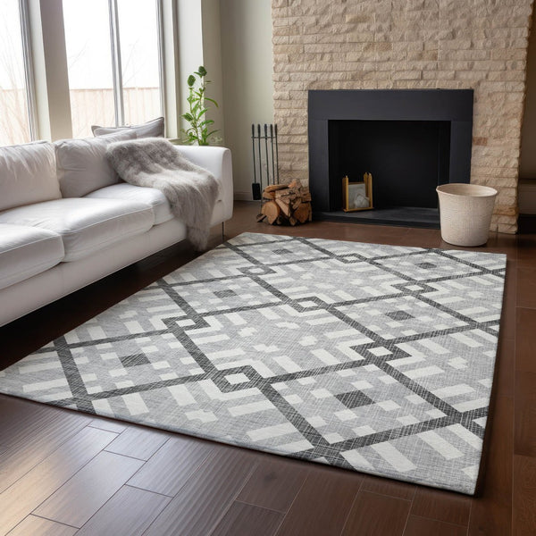 HomeRoots 9' X 12' Gray And Ivory Geometric Area Rug - Washable, UV-Protected, Durable for High-Traffic Spaces 651387