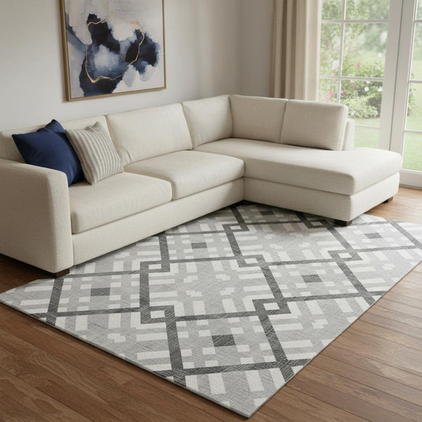 HomeRoots 10' Geometric Gray and Ivory Washable Area Rug - UV Protected, Stain Resistant, Durable Design 651388