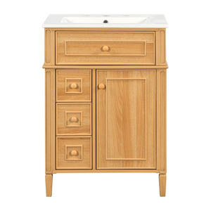 English Elm 24" Solid Pine Bathroom Vanity Cabinet with Ceramic Sink Soft Close Drawers N725P375500N