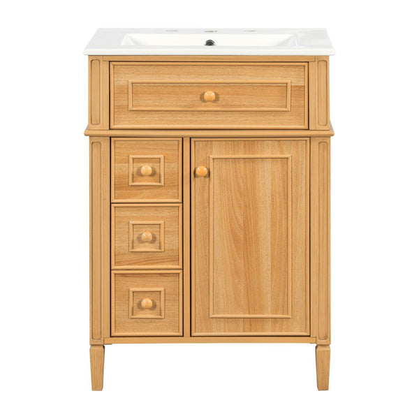 English Elm 24" Solid Pine Bathroom Vanity Cabinet with Ceramic Sink Soft Close Drawers N725P375500N