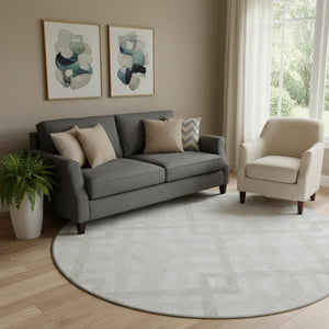 HomeRoots 8' Ivory And Beige Geometric Round Rug – Washable, UV Protected, Perfect for Family Spaces! 651391