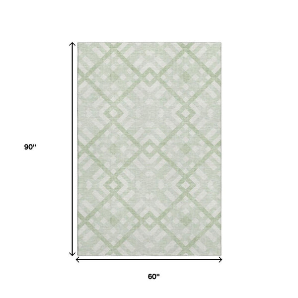 HomeRoots 5' X 8' Stylish Mint Green & Ivory Geometric Area Rug – Washable, UV Protected & Pet Friendly! 651396