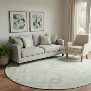 HomeRoots 8' Mint Green and Ivory Geometric Round Rug - Washable, Stain Resistant, UV Protected, Non-Slip! 651397
