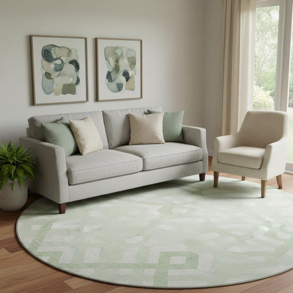 HomeRoots 8' Mint Green and Ivory Geometric Round Rug - Washable, Stain Resistant, UV Protected, Non-Slip! 651397