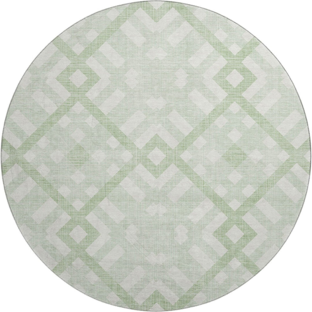 HomeRoots 8' Mint Green and Ivory Geometric Round Rug - Washable, Stain Resistant, UV Protected, Non-Slip! 651397