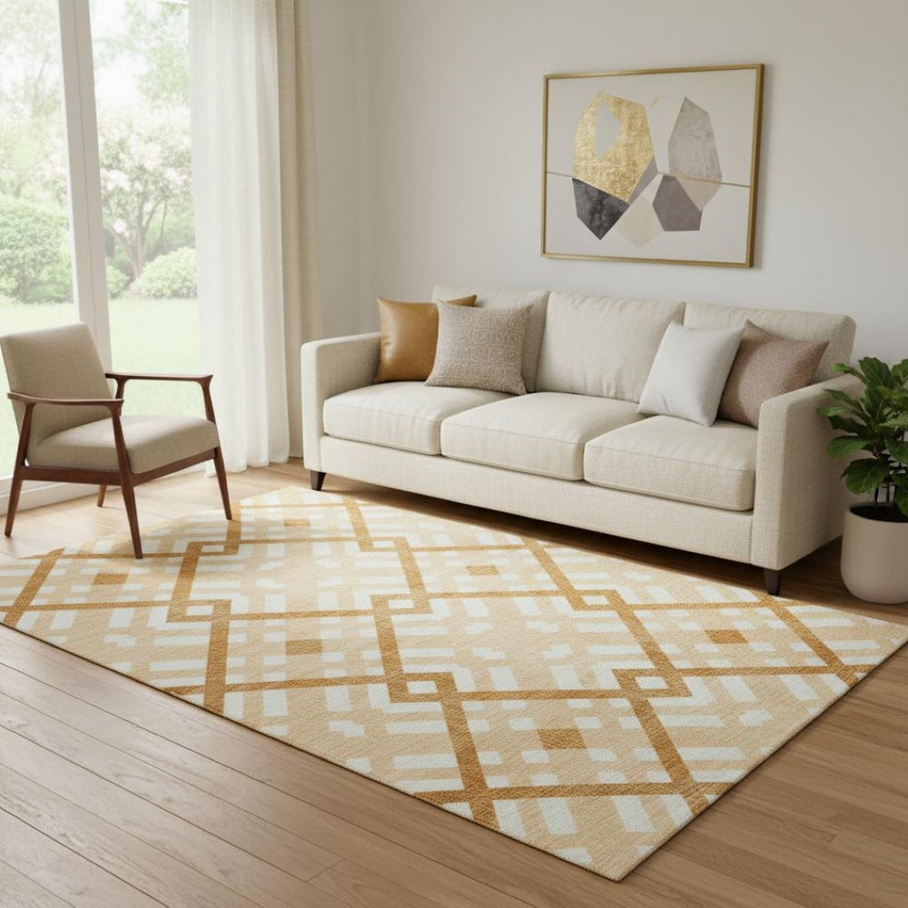 HomeRoots 5' X 8' Stylish Peach & Ivory Geometric Washable Area Rug with UV Protection for Busy Homes 651402