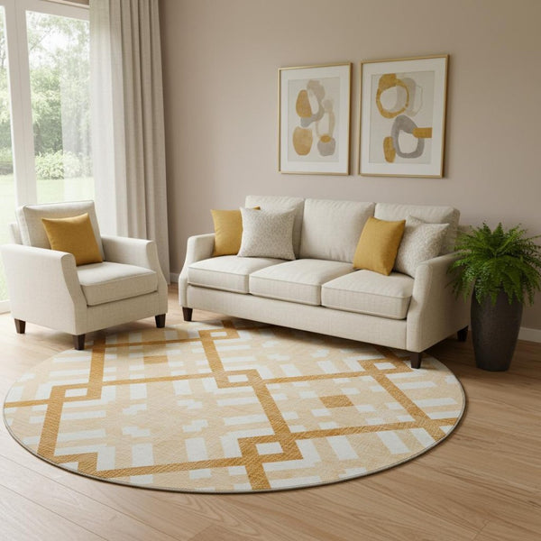 HomeRoots 8' Peach and Ivory Geometric Round Rug - Washable, UV Protected, Stain Resistant for High-Traffic Areas 651403
