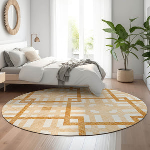 HomeRoots 8' Peach and Ivory Geometric Round Rug - Washable, UV Protected, Stain Resistant for High-Traffic Areas 651403