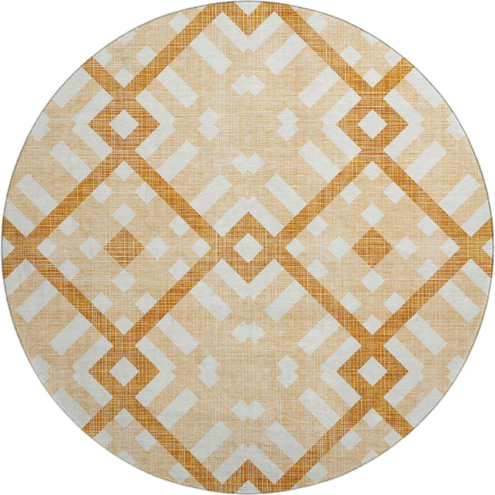 HomeRoots 8' Peach and Ivory Geometric Round Rug - Washable, UV Protected, Stain Resistant for High-Traffic Areas 651403