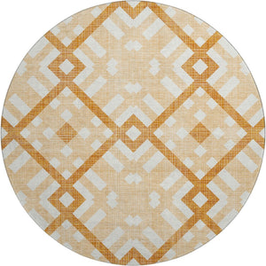 HomeRoots 8' Peach and Ivory Geometric Round Rug - Washable, UV Protected, Stain Resistant for High-Traffic Areas 651403