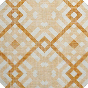 HomeRoots 8' Peach and Ivory Geometric Round Rug - Washable, UV Protected, Stain Resistant for High-Traffic Areas 651403