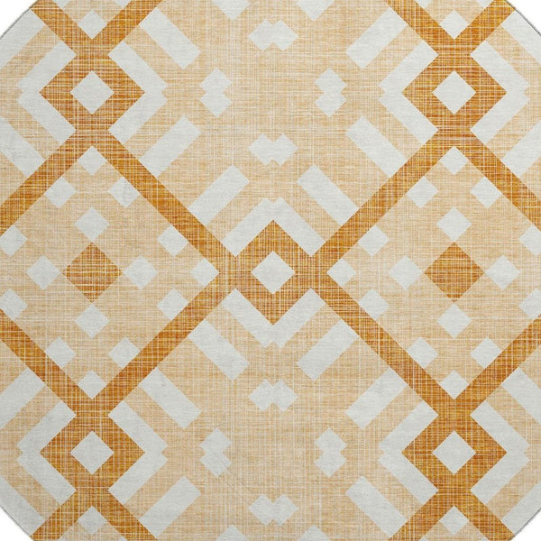 HomeRoots 8' Peach and Ivory Geometric Round Rug - Washable, UV Protected, Stain Resistant for High-Traffic Areas 651403