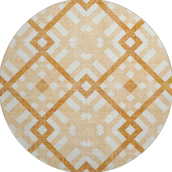 HomeRoots 8' Peach and Ivory Geometric Round Rug - Washable, UV Protected, Stain Resistant for High-Traffic Areas 651403