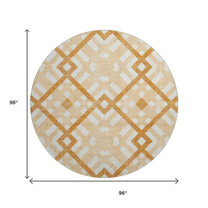 HomeRoots 8' Peach and Ivory Geometric Round Rug - Washable, UV Protected, Stain Resistant for High-Traffic Areas 651403