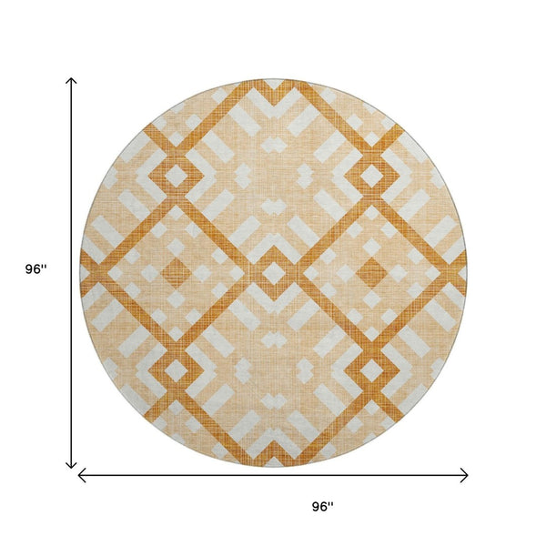 HomeRoots 8' Peach and Ivory Geometric Round Rug - Washable, UV Protected, Stain Resistant for High-Traffic Areas 651403