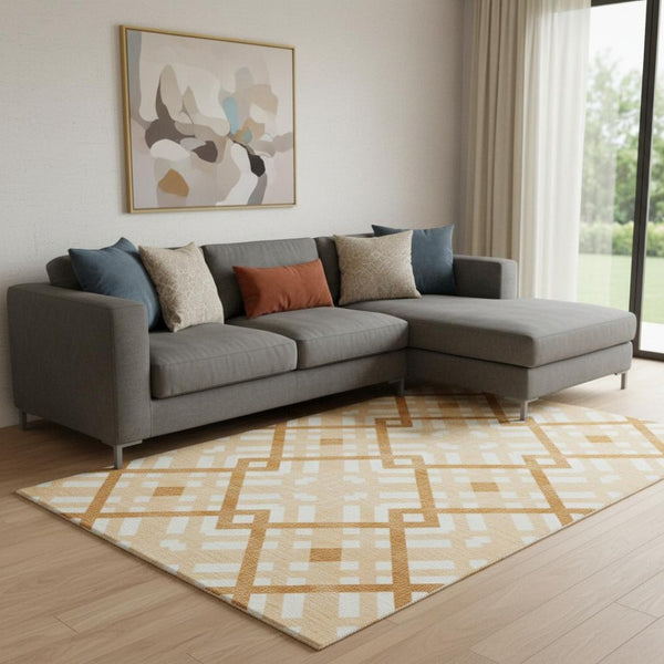 HomeRoots 8' X 10' Peach and Ivory Geometric Area Rug - Washable, Stain-Resistant, UV Protected for Modern Homes 651404