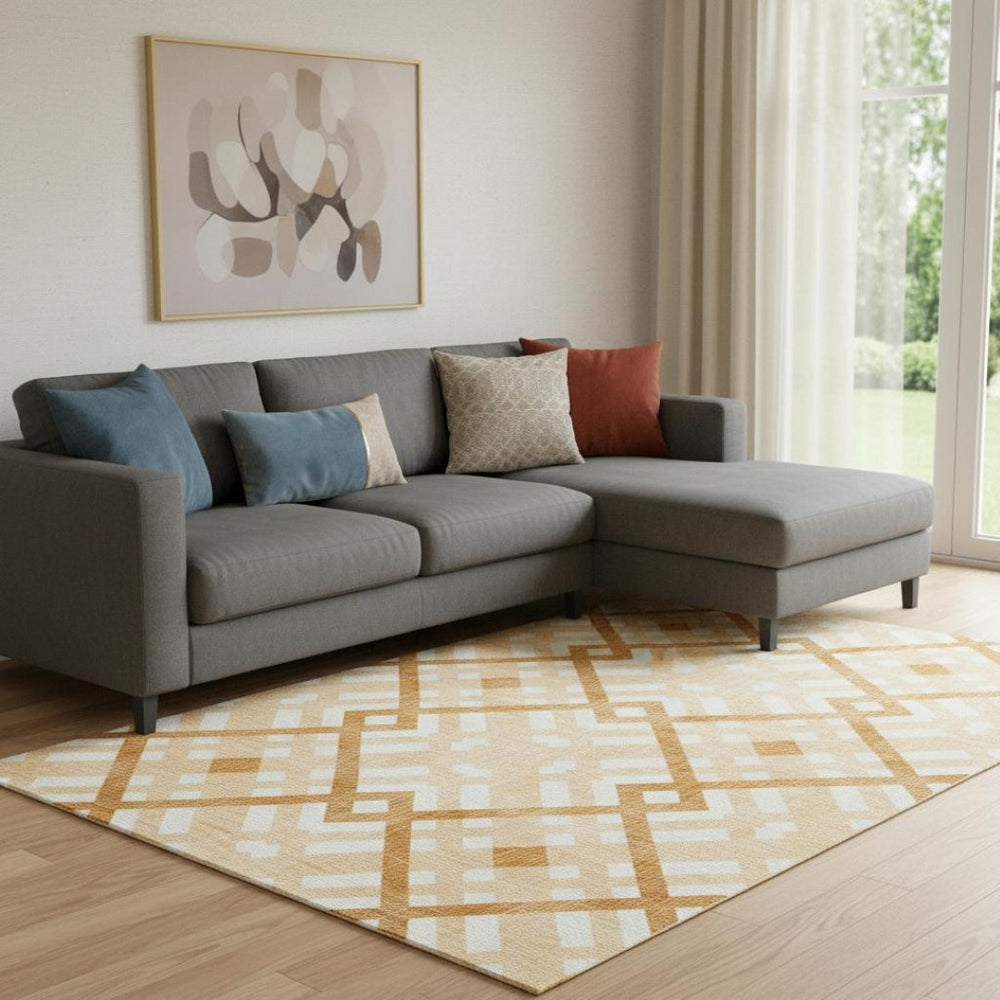 HomeRoots 9' X 12' Peach and Ivory Geometric Area Rug - Washable, UV Protected, Perfect for Busy Homes! 651405