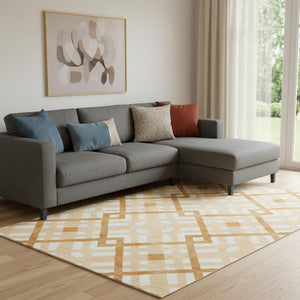 HomeRoots 9' X 12' Peach and Ivory Geometric Area Rug - Washable, UV Protected, Perfect for Busy Homes! 651405