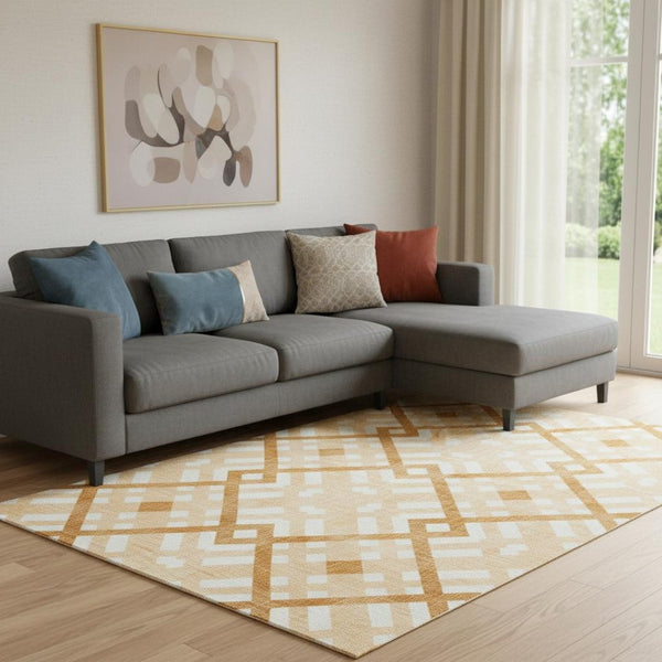 HomeRoots 9' X 12' Peach and Ivory Geometric Area Rug - Washable, UV Protected, Perfect for Busy Homes! 651405