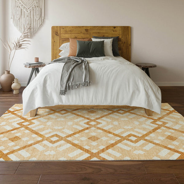HomeRoots 9' X 12' Peach and Ivory Geometric Area Rug - Washable, UV Protected, Perfect for Busy Homes! 651405