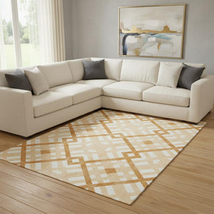 HomeRoots 10' X 14' Peach and Ivory Geometric Area Rug – Washable, UV Protected, Perfect for Pets & Kids! 651406