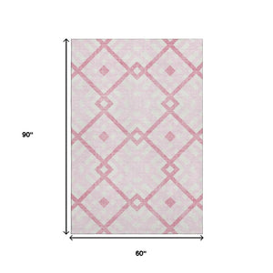 HomeRoots 5' X 8' Pink and Ivory Geometric Area Rug - Stylish, Washable, UV-Protected for Modern Spaces 651408