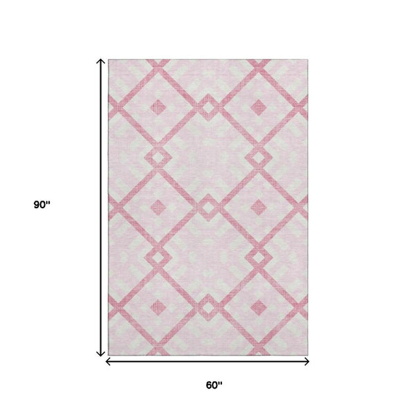 HomeRoots 5' X 8' Pink and Ivory Geometric Area Rug - Stylish, Washable, UV-Protected for Modern Spaces 651408