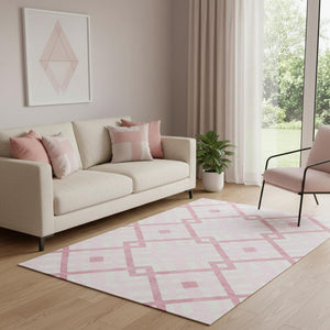 HomeRoots 5' X 8' Pink and Ivory Geometric Area Rug - Stylish, Washable, UV-Protected for Modern Spaces 651408