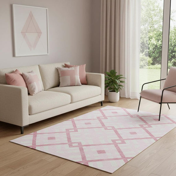 HomeRoots 5' X 8' Pink and Ivory Geometric Area Rug - Stylish, Washable, UV-Protected for Modern Spaces 651408