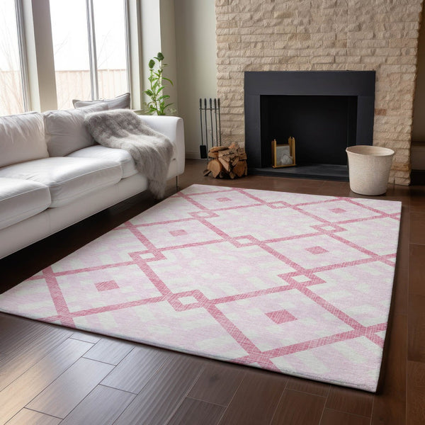 HomeRoots 5' X 8' Pink and Ivory Geometric Area Rug - Stylish, Washable, UV-Protected for Modern Spaces 651408