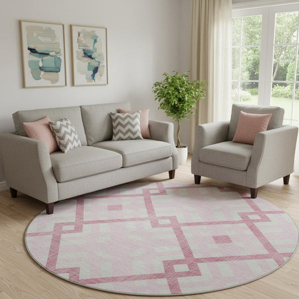 HomeRoots 8' Pink And Ivory Geometric Round Rug - Stylish, Washable, UV Protected, and Perfect for Families 651409