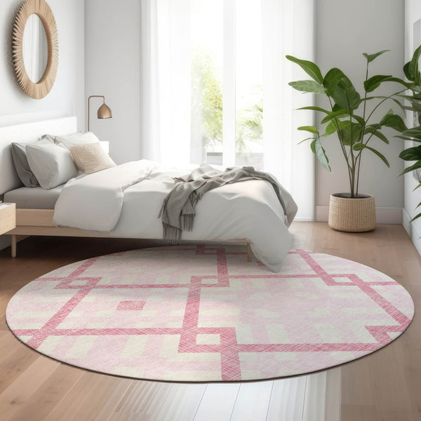HomeRoots 8' Pink And Ivory Geometric Round Rug - Stylish, Washable, UV Protected, and Perfect for Families 651409