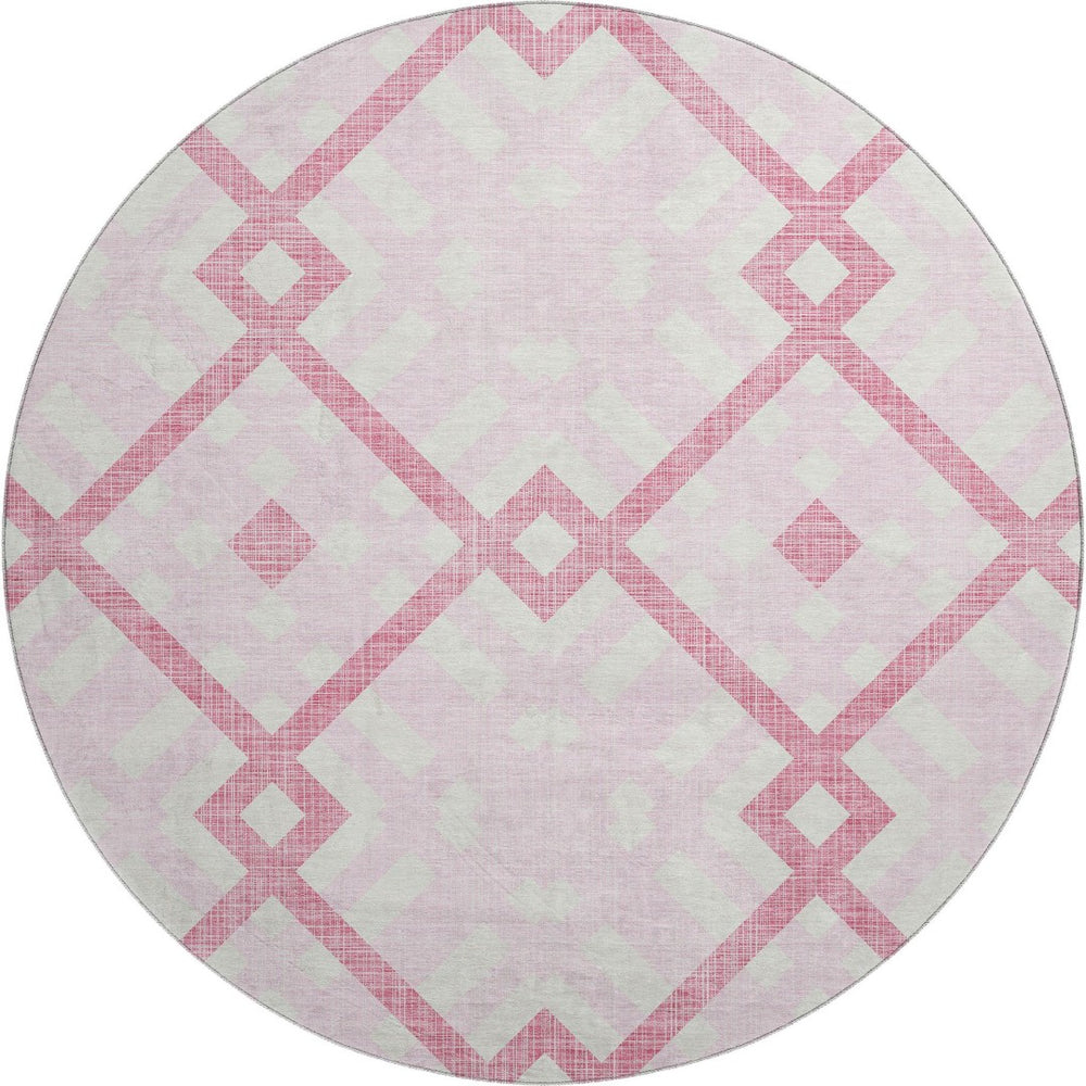 HomeRoots 8' Pink And Ivory Geometric Round Rug - Stylish, Washable, UV Protected, and Perfect for Families 651409