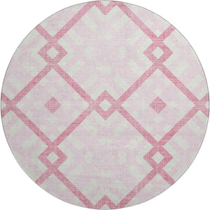 HomeRoots 8' Pink And Ivory Geometric Round Rug - Stylish, Washable, UV Protected, and Perfect for Families 651409
