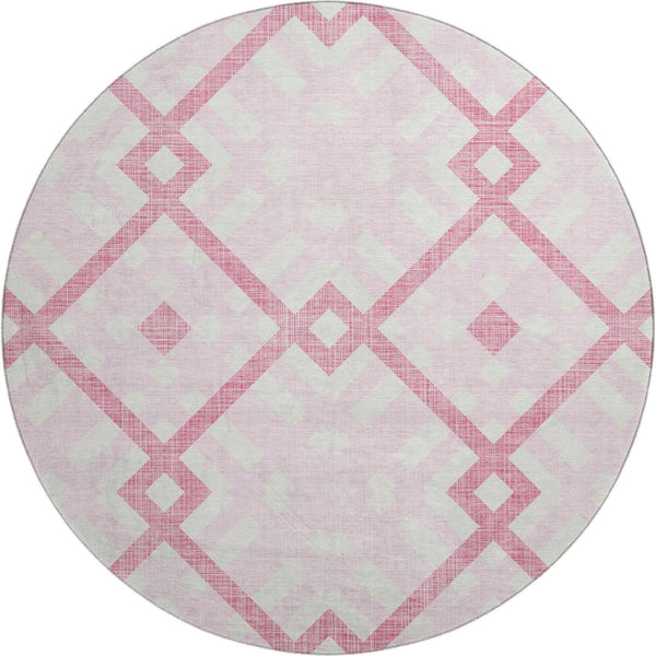 HomeRoots 8' Pink And Ivory Geometric Round Rug - Stylish, Washable, UV Protected, and Perfect for Families 651409