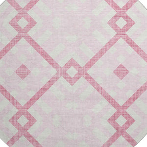 HomeRoots 8' Pink And Ivory Geometric Round Rug - Stylish, Washable, UV Protected, and Perfect for Families 651409