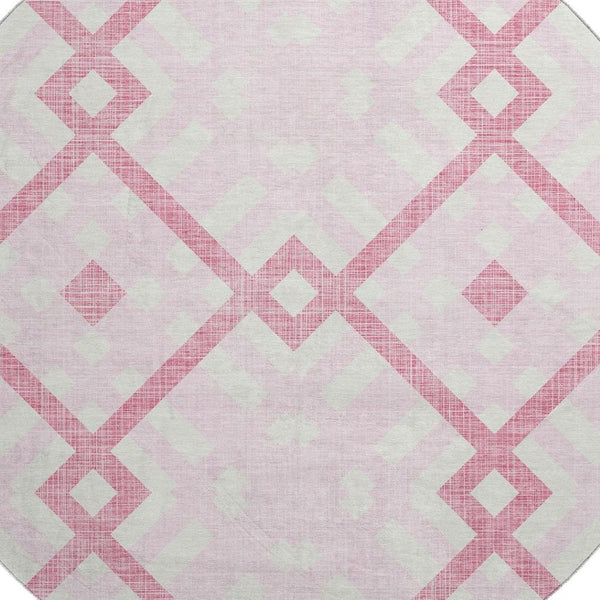 HomeRoots 8' Pink And Ivory Geometric Round Rug - Stylish, Washable, UV Protected, and Perfect for Families 651409
