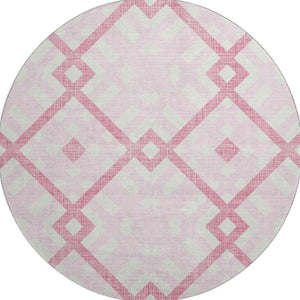 HomeRoots 8' Pink And Ivory Geometric Round Rug - Stylish, Washable, UV Protected, and Perfect for Families 651409