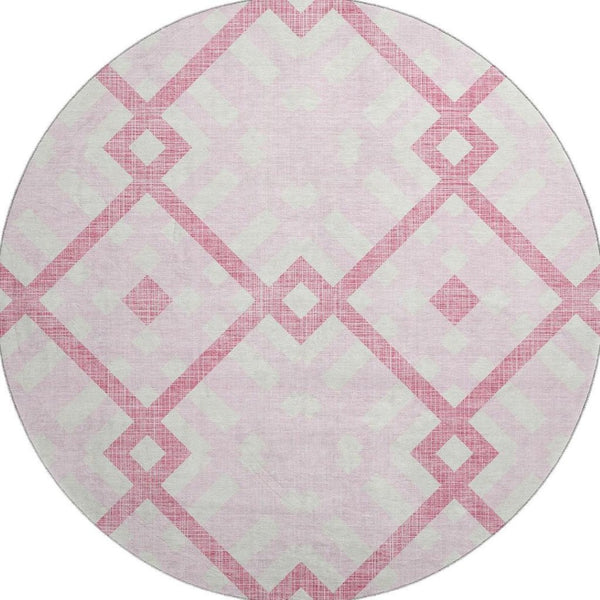HomeRoots 8' Pink And Ivory Geometric Round Rug - Stylish, Washable, UV Protected, and Perfect for Families 651409