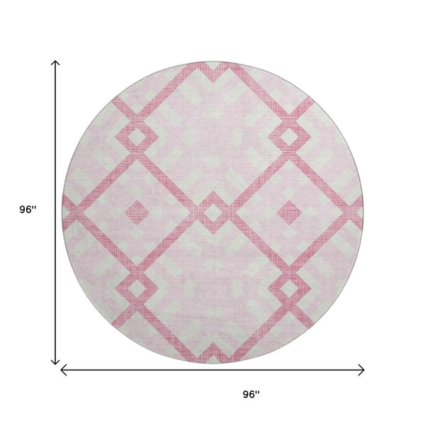 HomeRoots 8' Pink And Ivory Geometric Round Rug - Stylish, Washable, UV Protected, and Perfect for Families 651409