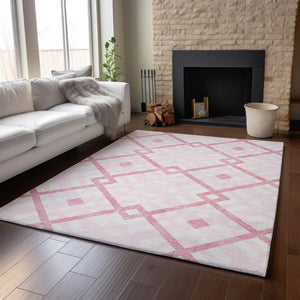 HomeRoots 8' X 10' Pink And Ivory Geometric Area Rug – Washable, UV Protected, Stylish & Durable for Family Spaces 651410