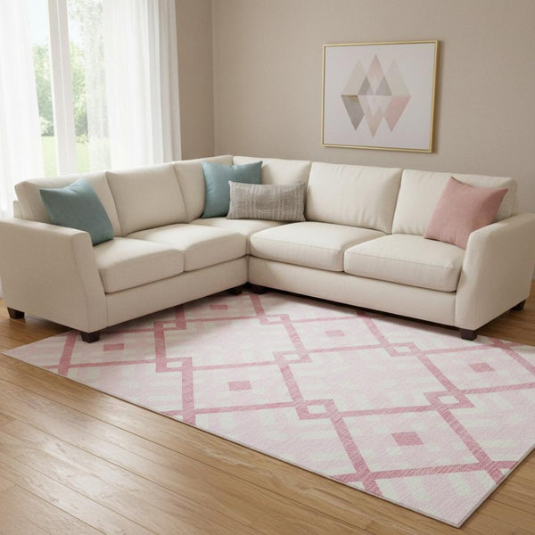HomeRoots 9' X 12' Stylish Pink & Ivory Geometric Washable Area Rug with UV Protection for Modern Homes 651411