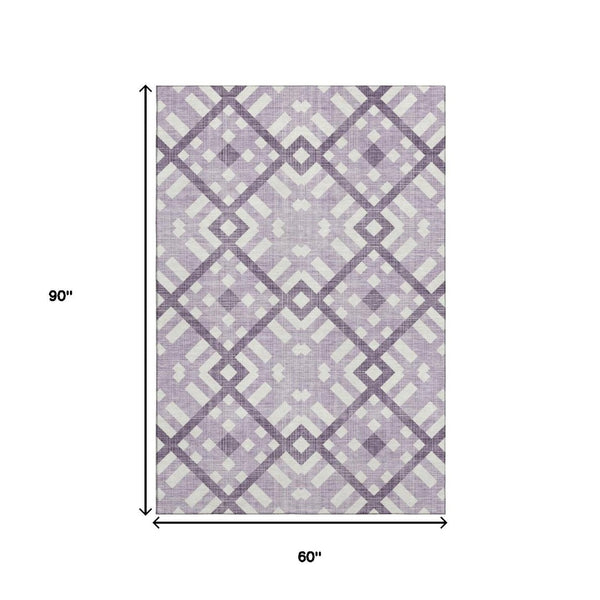 HomeRoots 5' X 8' Purple And Ivory Geometric Washable Area Rug – Durable, Stain-Resistant, UV Protected Design 651414
