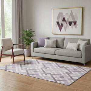 HomeRoots 5' X 8' Purple And Ivory Geometric Washable Area Rug – Durable, Stain-Resistant, UV Protected Design 651414