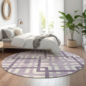 HomeRoots 8' Purple And Ivory Geometric Washable Round Rug - Durable, UV-Protected & Stylish for Every Space! 651415
