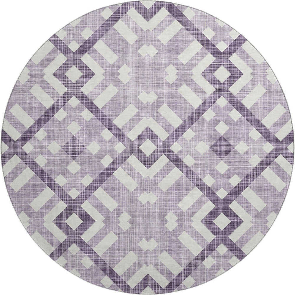 HomeRoots 8' Purple And Ivory Geometric Washable Round Rug - Durable, UV-Protected & Stylish for Every Space! 651415