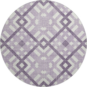 HomeRoots 8' Purple And Ivory Geometric Washable Round Rug - Durable, UV-Protected & Stylish for Every Space! 651415