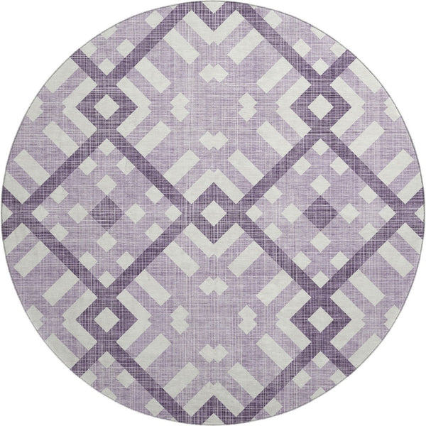 HomeRoots 8' Purple And Ivory Geometric Washable Round Rug - Durable, UV-Protected & Stylish for Every Space! 651415