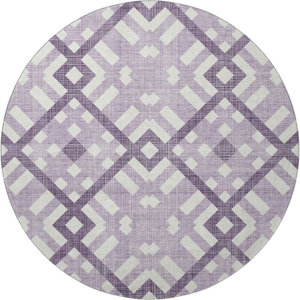 HomeRoots 8' Purple And Ivory Geometric Washable Round Rug - Durable, UV-Protected & Stylish for Every Space! 651415